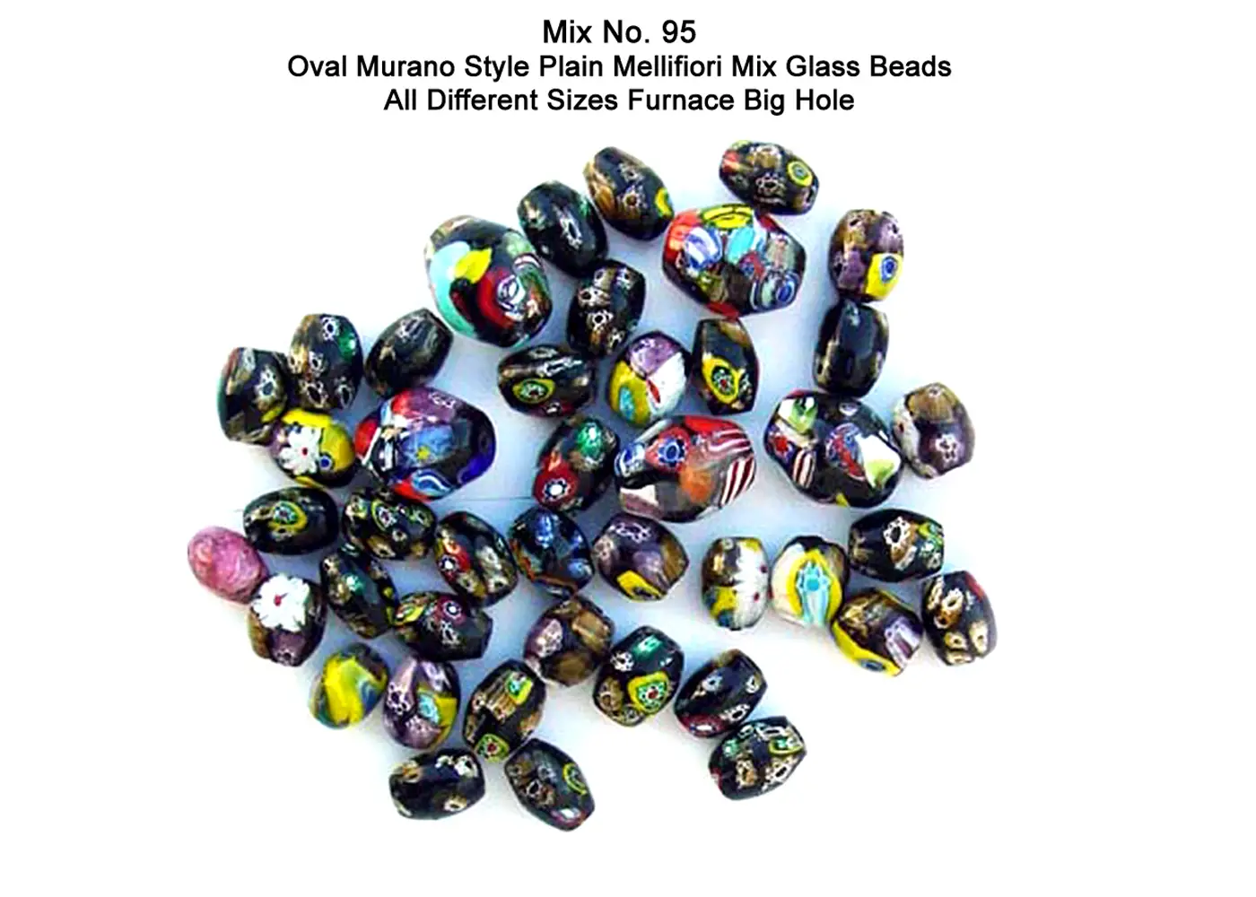 Oval Murano style plain Mellifiori mix glass beads all different size furnace big hole
